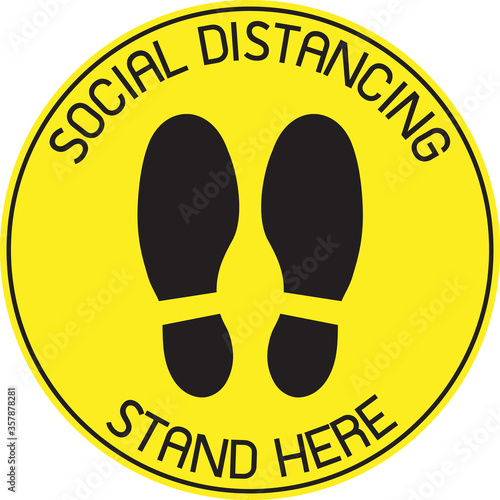 Vector of Yellow CAUTION Practice Social Distancing sign and symbols for People stand