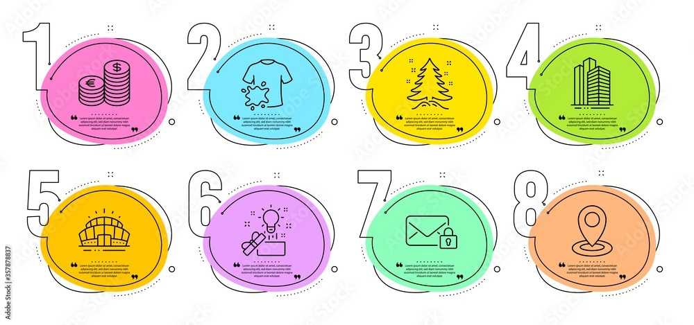 Currency, Skyscraper buildings and Location signs. Timeline steps infographic. Secure mail, Arena stadium and Dirty t-shirt line icons set. Creative idea, Christmas tree symbols. Vector Currency, Skyscraper buildings and Location signs. Timeline steps infographic. Secure mail, Arena stadium and Dirty t-shirt line icons set. Creative idea, Christmas tree symbols. Vector