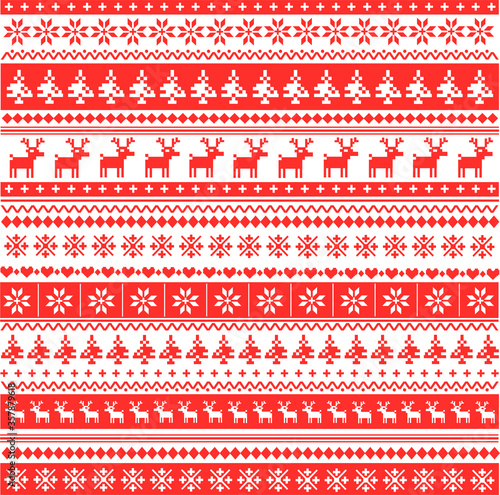 Vintage handicraft knitwear pattern with geomitric symbols. North swedish warm jumper or knitted weater with ethnic elements deer, snowflakes and Christmas tree. Vector illustration.