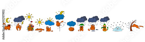 Cat and the weather color. Vector illustration. Funny cat drawn by hand at different times of the year. Illustration of weather and seasons. The reaction of the cat to the weather.
