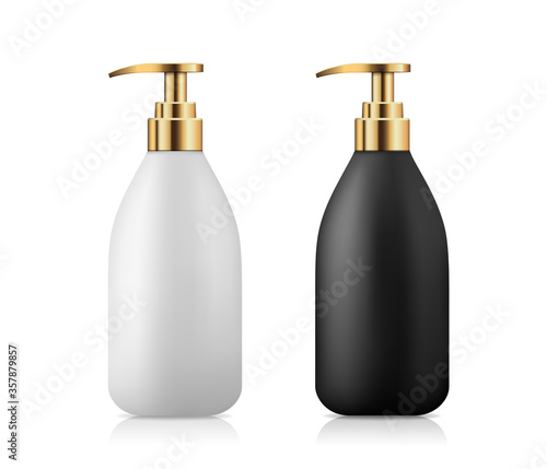 Pump bottle product black and white with gold cap collection design, vector illustration