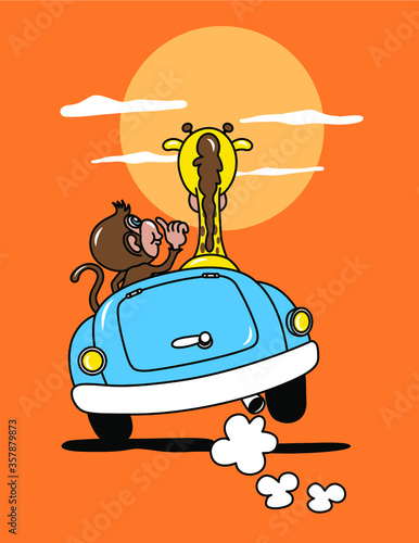 jirafa y mono viajando en coche