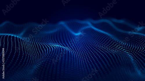 Abstract technology stream background. Digital dynamic wave of dots. Network connection structure. 3D rendering.