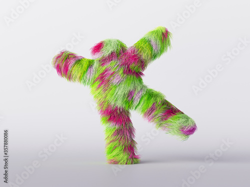 3d render, hairy cartoon character isolated on white background, happy active pose. Colorful furry beast dancing. Fluffy plush toy.