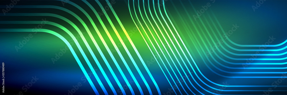 Shiny neon lines, stripes and waves, technology abstract background. Trendy abstract layout template for business or technology presentation, internet poster or web brochure cover, wallpaper Shiny neon lines, stripes and waves, technology abstract background. Trendy abstract layout template for business or technology presentation, internet poster or web brochure cover, wallpaper