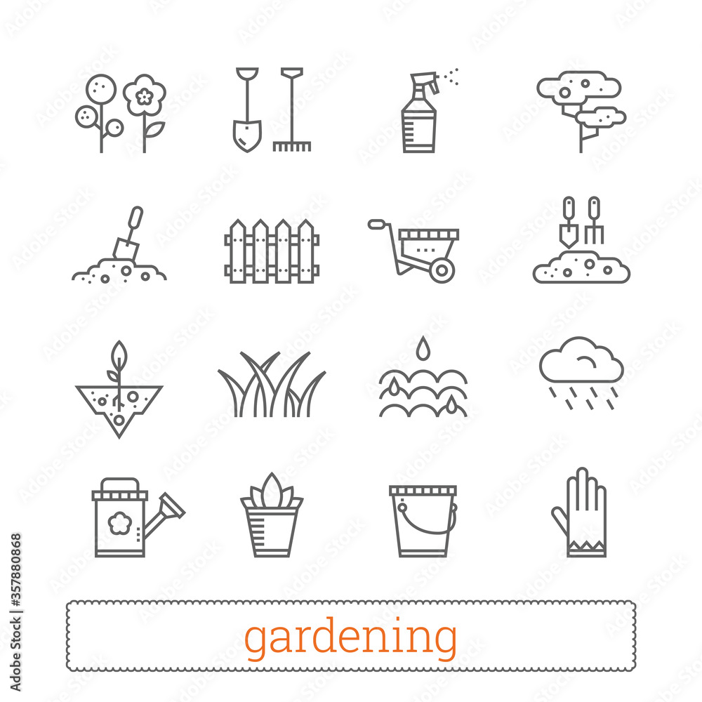 Gardening thin line icons. Vector set of plant growing and horticulture signs. Modern linear design elements for web interface and mobile services. Isolated on white background. Gardening thin line icons. Vector set of plant growing and horticulture signs. Modern linear design elements for web interface and mobile services. Isolated on white background.