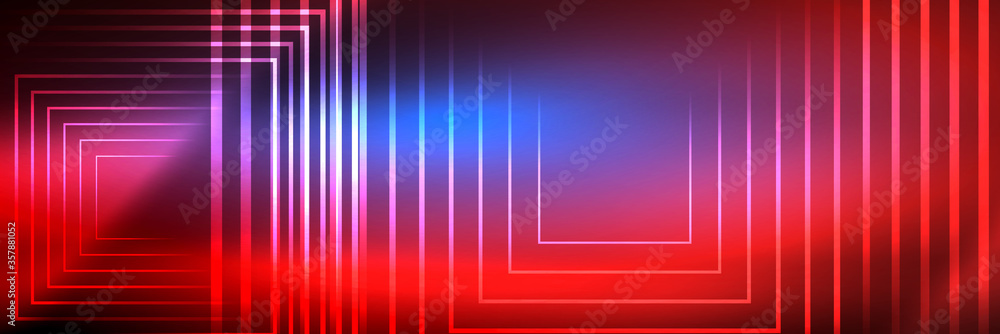 Shiny neon glowing techno lines, hi-tech futuristic abstract background template with square shapes