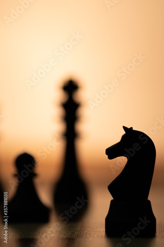 SIlhouette of a chess knight with blurred pieces in the background on a chess board against a warm toned background