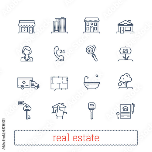 Real estate thin line icons. Vector set of leasing, renting, buying and selling realty signs. Modern linear vector design elements for web interface and mobile services. Isolated on white background.