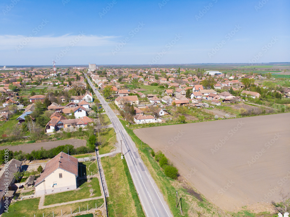 Panorama of Secanj village. Aerial photography.