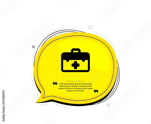 First aid icon. Quote speech bubble. Medicical kit sign. Pharmacy medication symbol. Quotation marks. Classic first aid icon. Vector