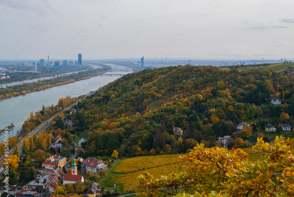 View of the Danube River and the city of Vienna, Austria on an autumn day. Bright yellow and green leaves on trees in the park, skyscrapers and bridges on the horizon.