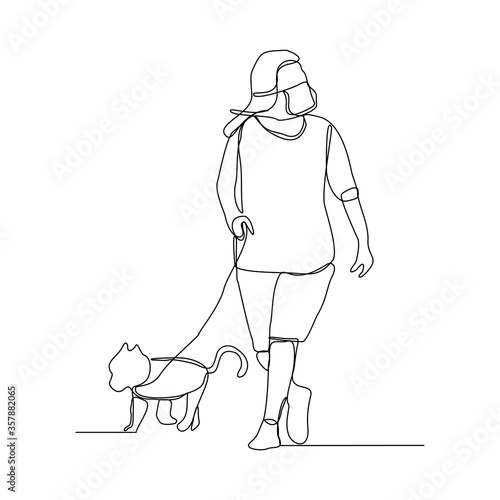Continuous line drawing of woman wearing mask walking with pet. Vector illustration
