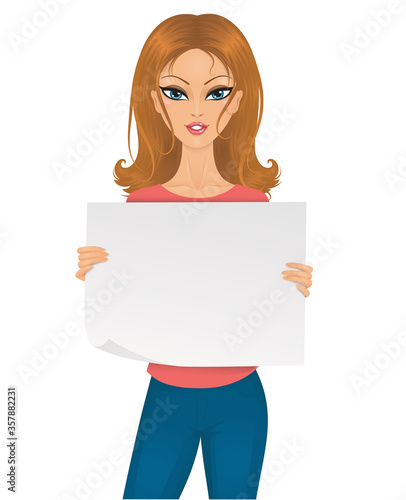 Cute european woman holding an empty piece of paper. 