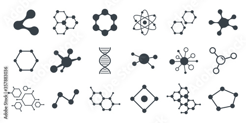 Set of molecule badge. Connected hexagonal molecule badge. Molecular structure. DNA connect diagram. Medical label or icons. Vector illustration.