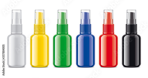 Set of Colored Spray bottles. Glossy surface, transparent caps version. 