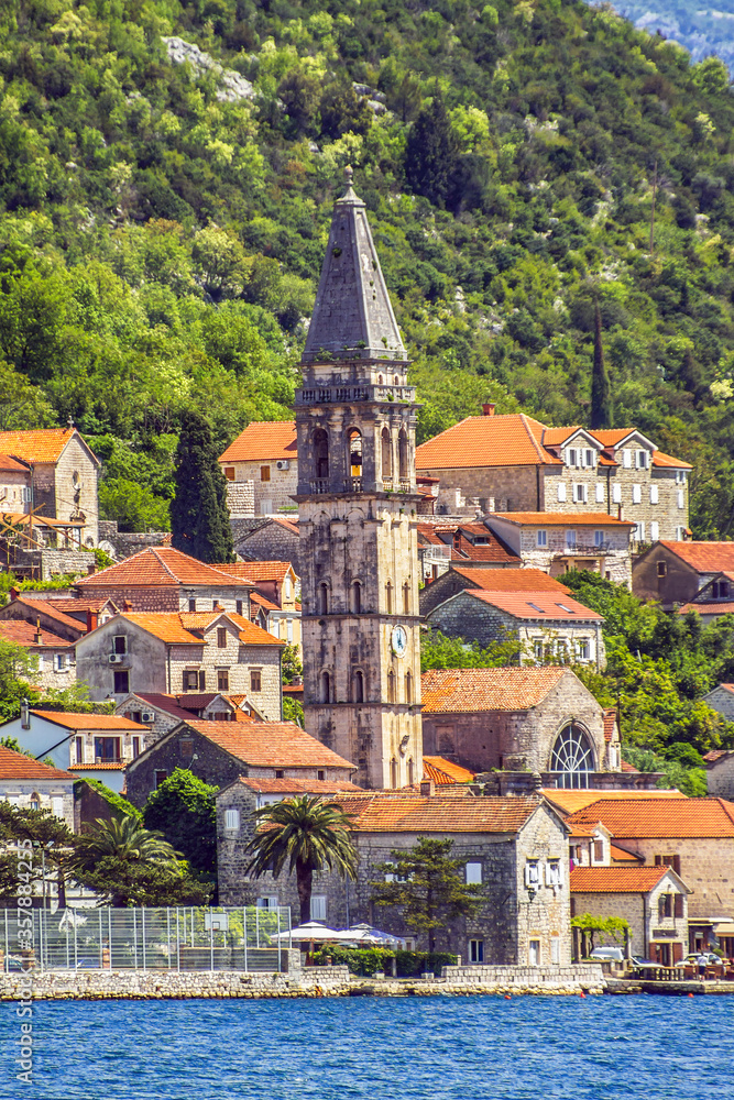 Beautiful landscape of Perast - historic town on the shore of the Boka Kotor bay (Boka Kotorska), Montenegro, Europe. Kotor Bay is a UNESCO World Heritage Site.