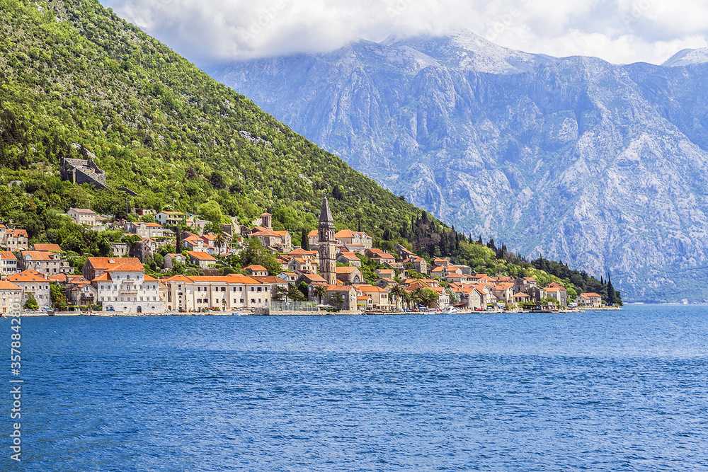 Beautiful landscape of Perast - historic town on the shore of the Boka Kotor bay (Boka Kotorska), Montenegro, Europe. Kotor Bay is a UNESCO World Heritage Site.