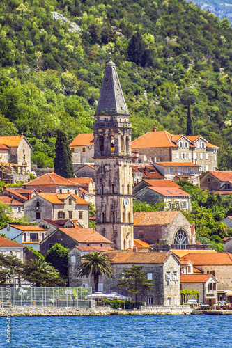 Beautiful landscape of Perast - historic town on the shore of the Boka Kotor bay (Boka Kotorska), Montenegro, Europe. Kotor Bay is a UNESCO World Heritage Site.