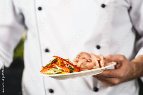 Chef holding plate with fresh meal. Closeup chef hands with healthy food.