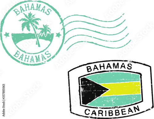 Two postal grunge stamps ''Bahamas-Caribbean'. White background.