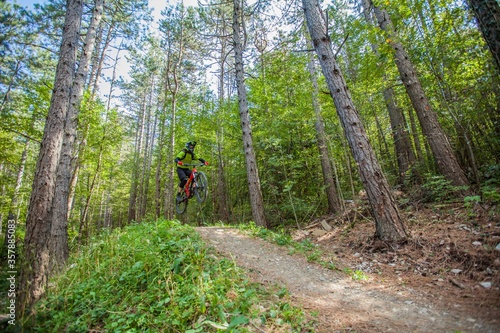 Mountain biker biking downhill on a bike trail at Bloke, Nova Vas, Slovenia photo