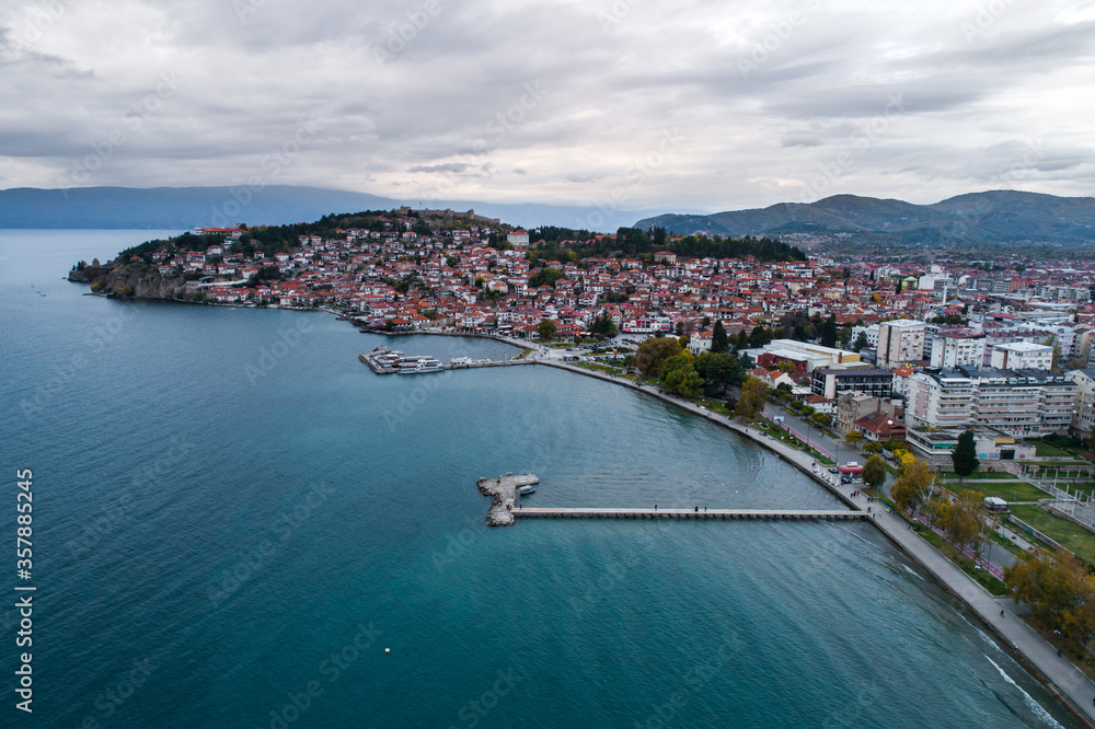 Aerial shot of the coastline in Ohrid, Macedonia
