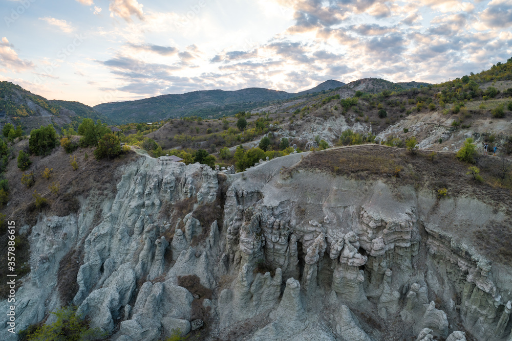 Drone view of the Stone Dolls in Macedonia at sunset