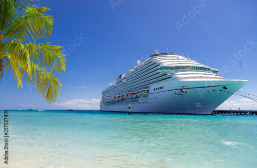 Cruise ship docked at tropical port on sunny day © NAN
