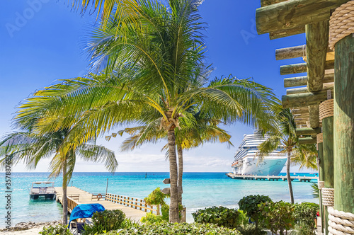 Cruise ship docked at tropical port on sunny day