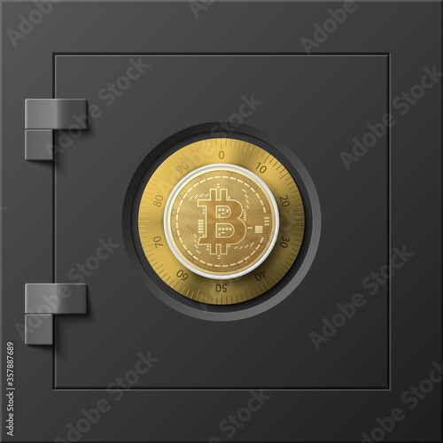 HUD Golden bitcoin armored box. Digital currency steel safe money. Technology bitcoin mining worldwide network. Web banner gold bitcoin combination lock bit coin. Cryptocurrency technology coins money