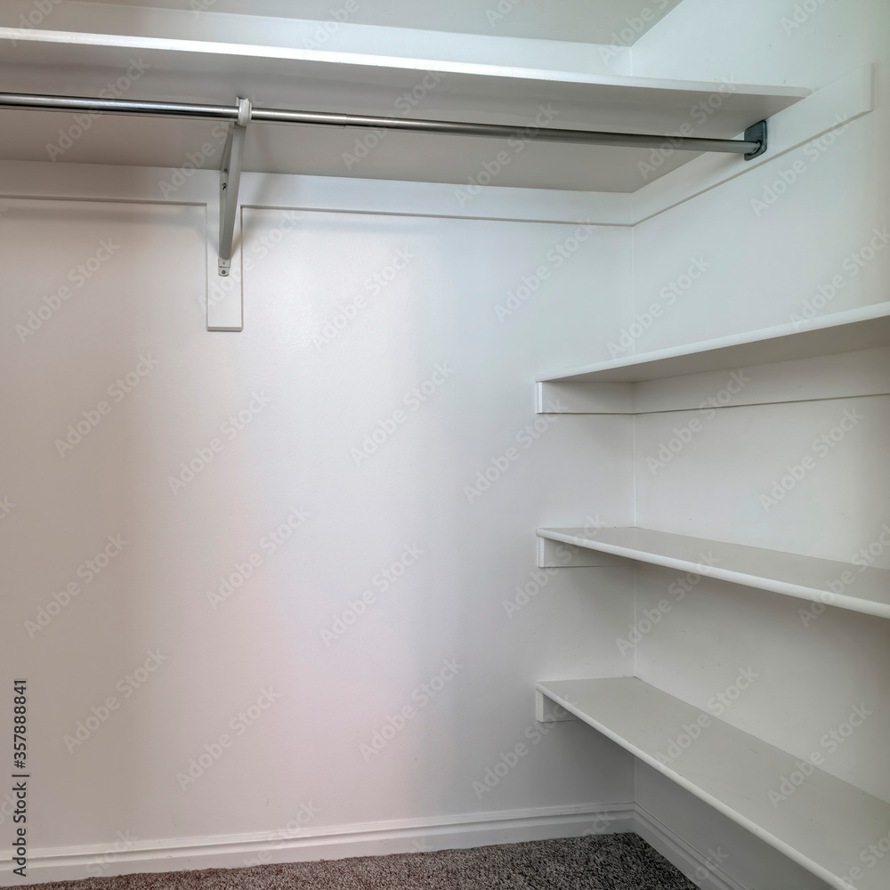 Square Empty walk in closet of new home with wall shelves and hanging ...