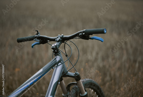 dramatic view of mountain bike stands in grass field. leisure time and cycling in freedom