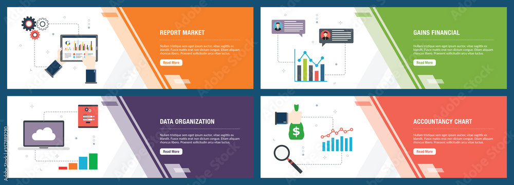 Internet banner set of report, accountancy and organization icons.