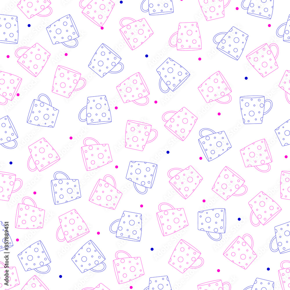 Cups. Seamless pattern, blue, cyan, pink colors. White background. Design for fabric, cover, background, wallpaper, wrapping paper. Cups. Seamless pattern, blue, cyan, pink colors. White background. Design for fabric, cover, background, wallpaper, wrapping paper.