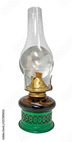 Green kerosene lamp isolated on white background.