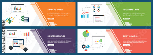Internet banner set with financial market and investment chart icons.