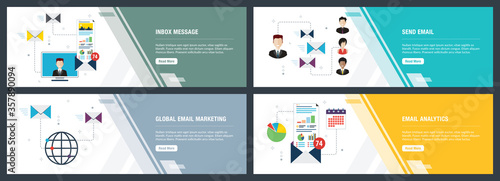 Vector set of vertical web banners with inbox message, send email, global email marketing and email analytics. Vector banner template for website and mobile app development with icon set.