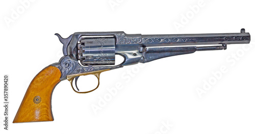 Muzzleloading blackpowder revolver on a white background. Santa Barbara.