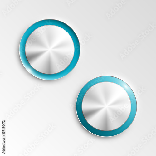 web round metall button on off mark patch reflected light website app. Isolated bell metall button round sign border, reflection shadow steel background. Button steel circle inclusion mark banner