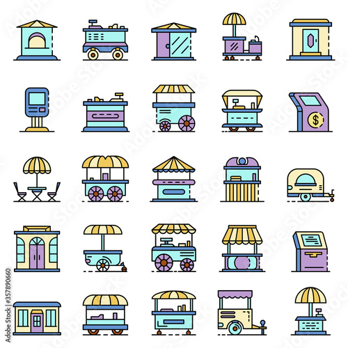 Kiosk icon set. Outline set of kiosk vector icons thin line color flat isolated on white