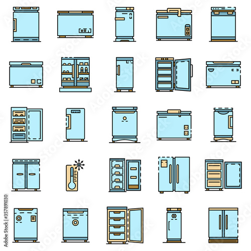 Freezer icon set. Outline set of freezer vector icons thin line color flat isolated on white