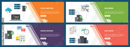 Vector set of vertical web banners with cloud computing, data mining, server database and data center. Vector banner template for website and mobile app development with icon set.