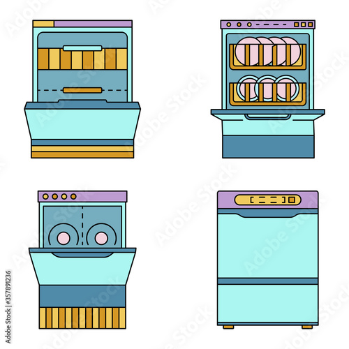 Dishwasher machine icon set. Outline set of dishwasher machine vector icons thin line color flat isolated on white