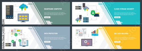 Vector set of vertical web banners with mainframe computer, cloud storage security,  data protection, big data machine. Vector banner template for website and mobile app development with icon set.