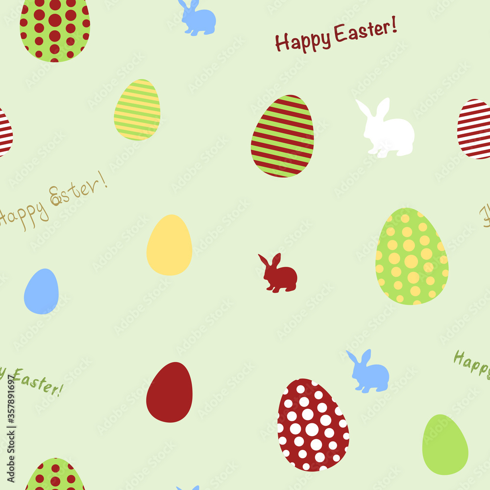 Colorful Happy Easter seamless pattern with eggs and bunnies, rabbits, vibrant red, yellow and light green for wrapping paper, clothing, background, wallpaper, graphic element