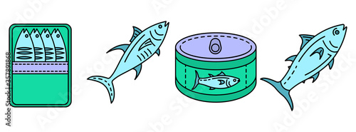 Tuna icon set. Outline set of tuna vector icons thin line color flat isolated on white