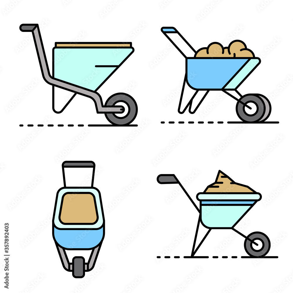 Wheelbarrow icon set. Outline set of wheelbarrow vector icons thin line color flat isolated on white Wheelbarrow icon set. Outline set of wheelbarrow vector icons thin line color flat isolated on white