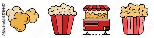 Popcorn icons set. Outline set of popcorn vector icons thin line color flat isolated on white