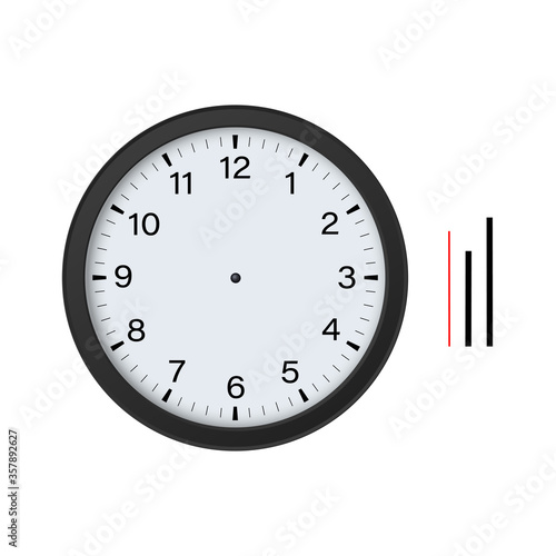 Black blank circle clock face with hour, minute and second hands isolated on white background. Vector illustration